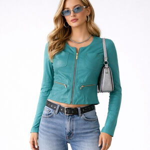 Miss Money Money Leather Jacket Size 6 Teal Mixed Media Y2K